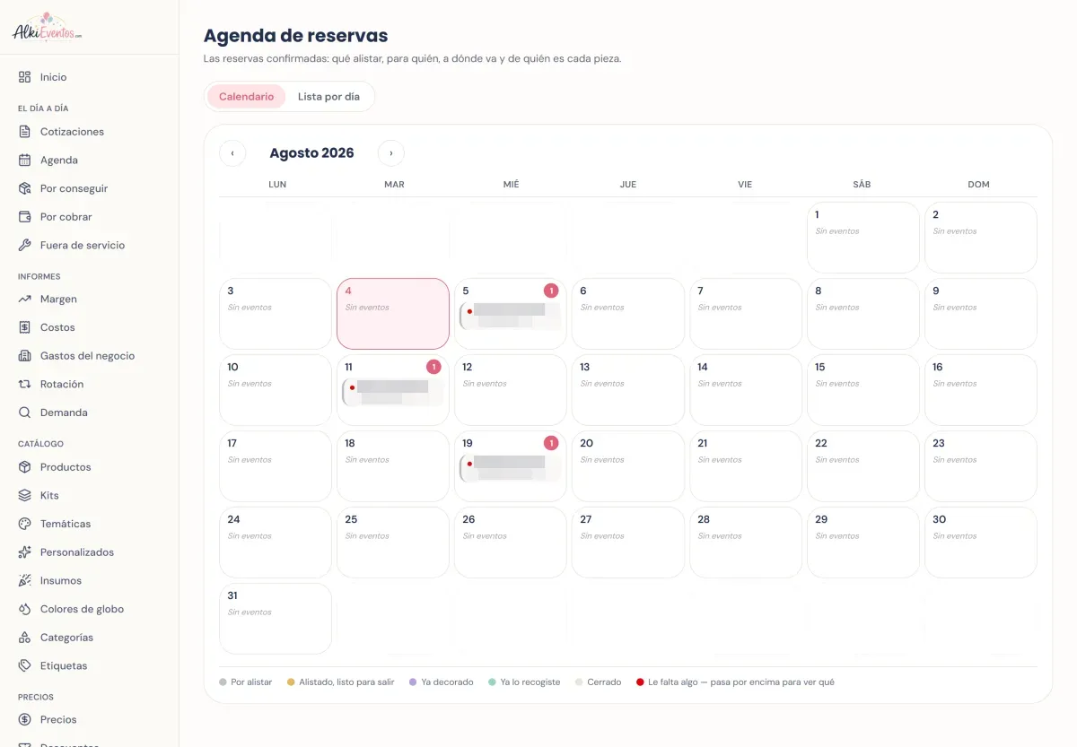 Agenda de reservas de AlkiEventos en calendario mensual