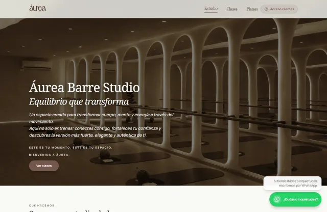 Página de inicio de Áurea Barre Studio, proyecto de estudio de fitness