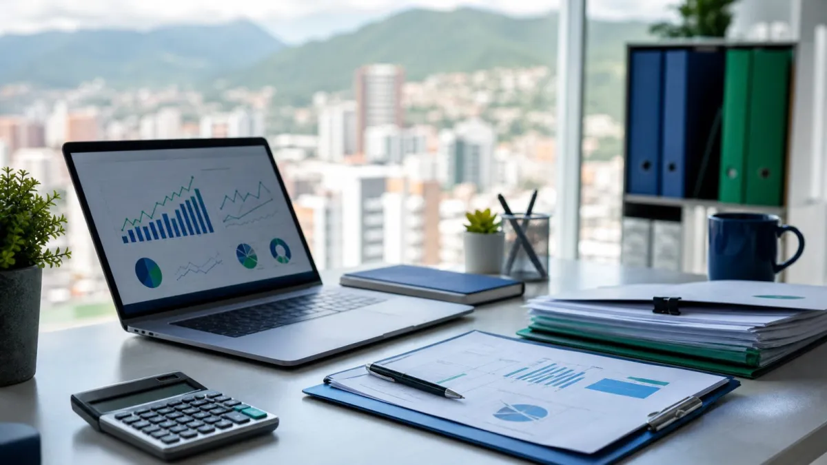 Escritorio con computador y gráficas contables frente a Bucaramanga