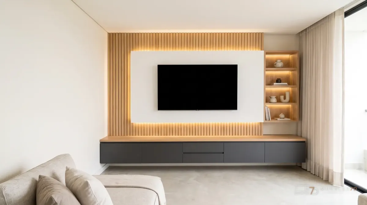 Centro de TV a la medida con listones de madera e iluminación LED de Muebles7D